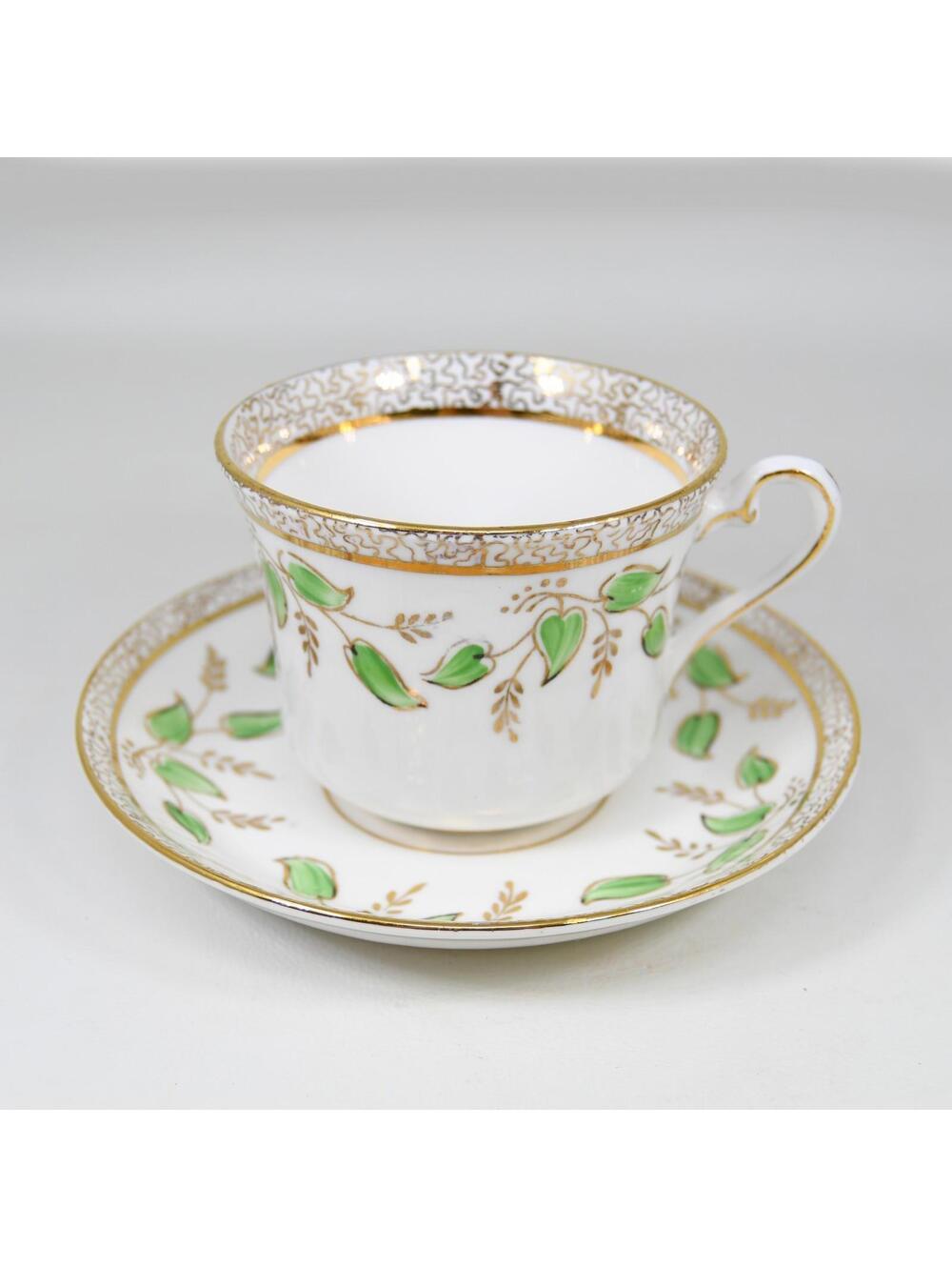 Phoenix Bone China Teacup & Saucer Gold Green Leaf Floral Vintage 1940s England